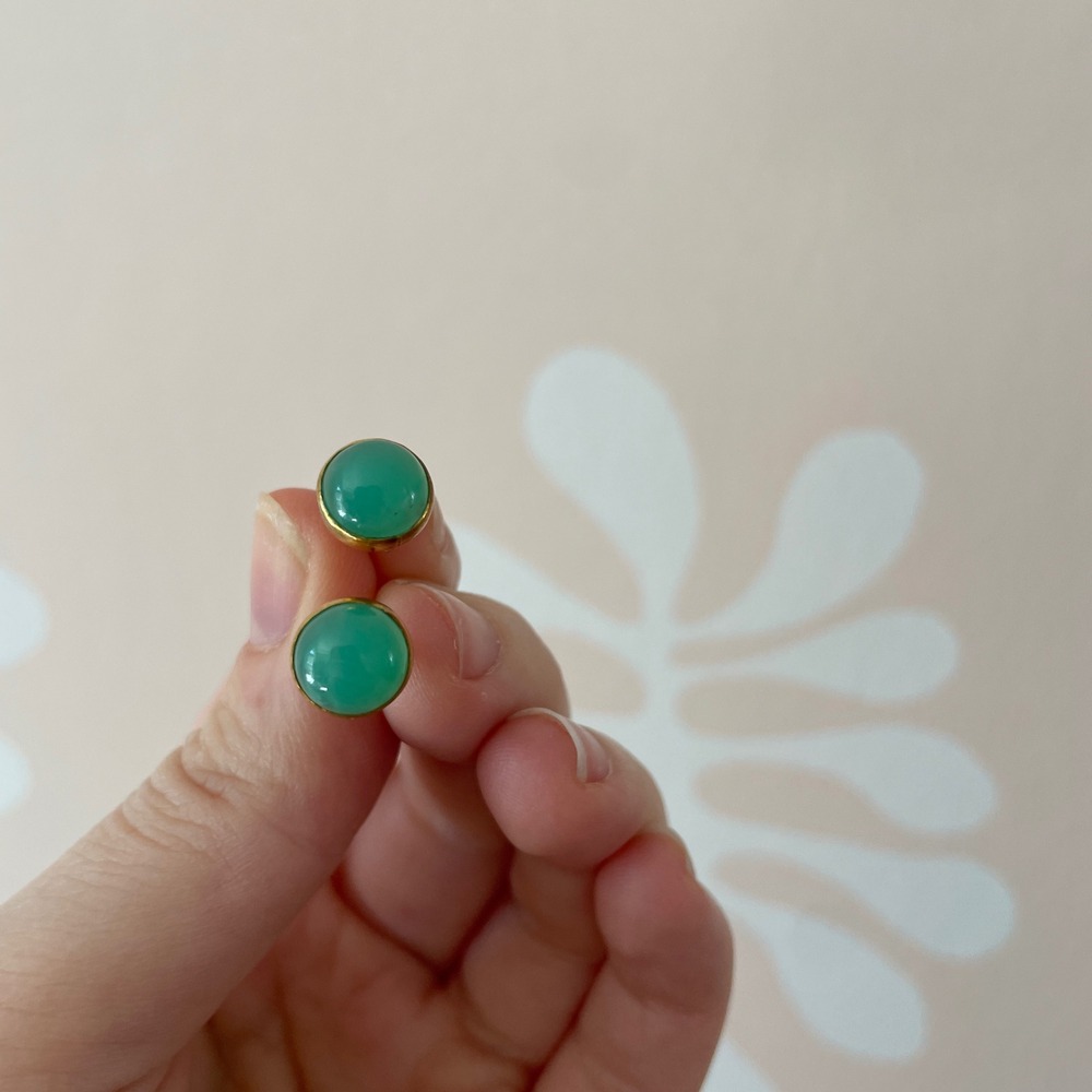 Green Cabochon Stud Earrings Gold Tone Round Bezel Post Back Mint Green Jewelry